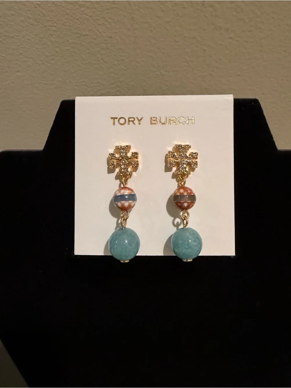 Tory Burch Gold-Tone Drop Earrings with Aqua and Striped Accent Beads